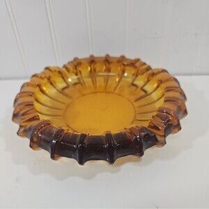 Vintage MCM Large Heavy Amber Glass 7" ASHTRAY “Sunburst” RETRO